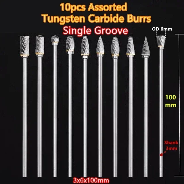 10pcs Assorted 3x6x100mm Extend Long Tungsten Carbide Grinding Point Burr For Dremel Grinder Die Grinder