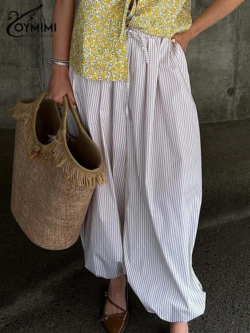 Oymimi Elegant White Print Women Pants Fashion Mid Waisted Drawstring Trousers Autumn New Button Ankle-Length Pants Streetwear