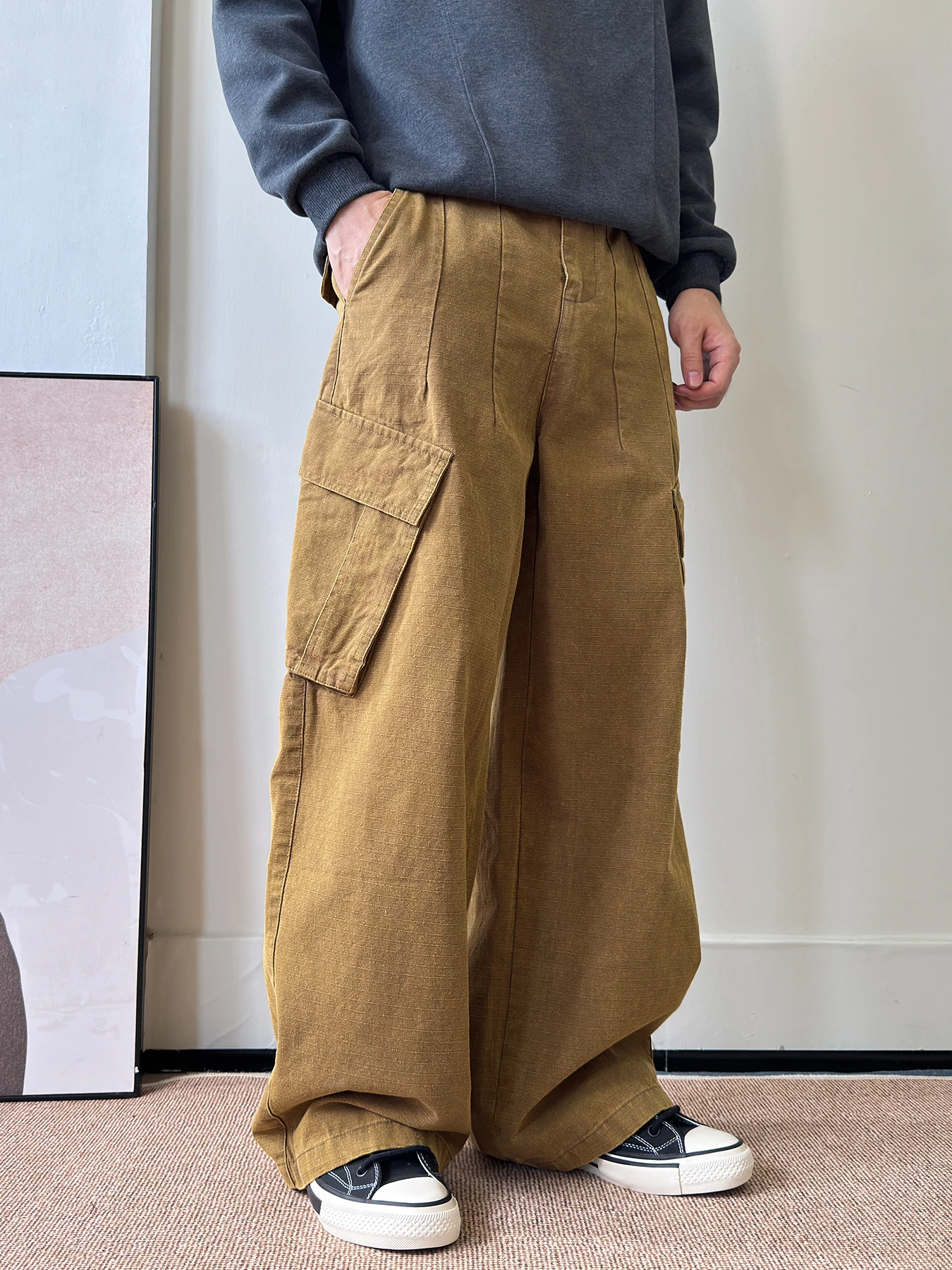 

Retro Khaki Pure Cotton Straight Leg Casual Pants Men's Loose Wide Leg Long Trousers Autumn New Sle American Loose Fit
