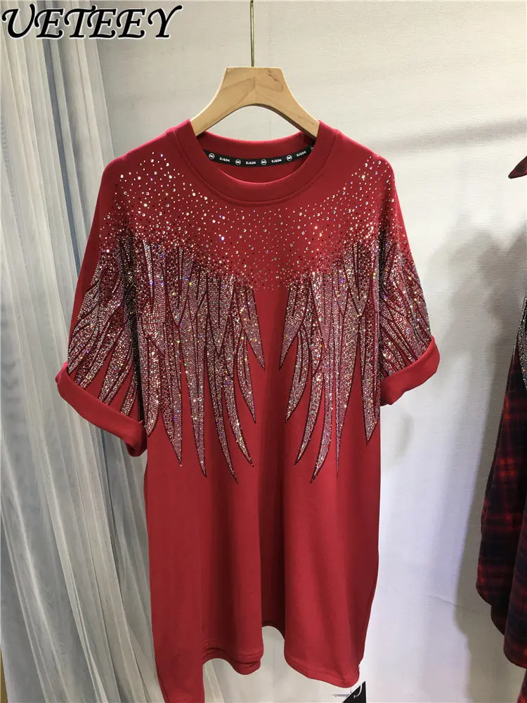 

2026 Spring New Heavy Industry Rhinestone T-Shirt for Women Brushed Red Thickened Round Neck Short Sleeve Loose Mid-Length Tops