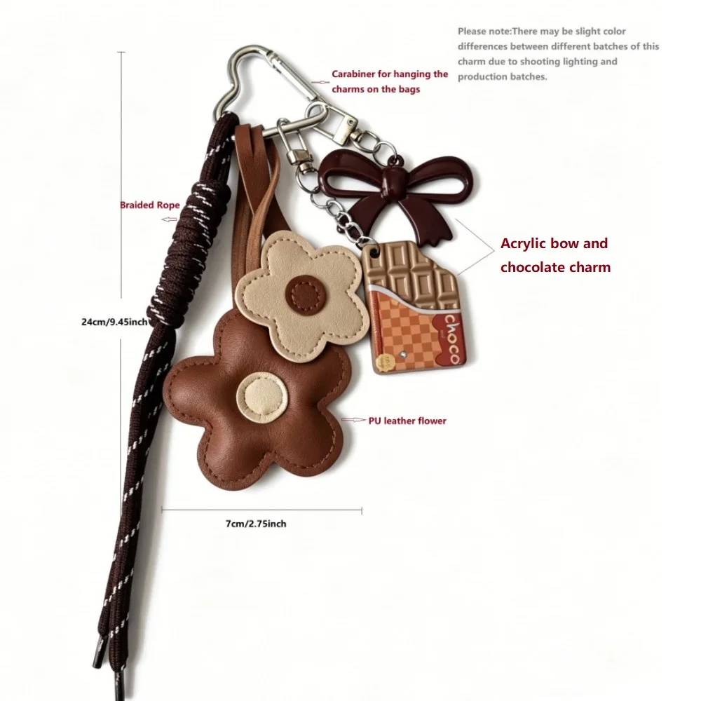 Blumen-Leder-Taschenanhänger Schlüsselanhänger, Geflochtene Kordel & Acryl-Schokoladenschleife, Niedliches Lebensmittel-Blumen-Accessoire für Frauen und Mädchen – Detail 2