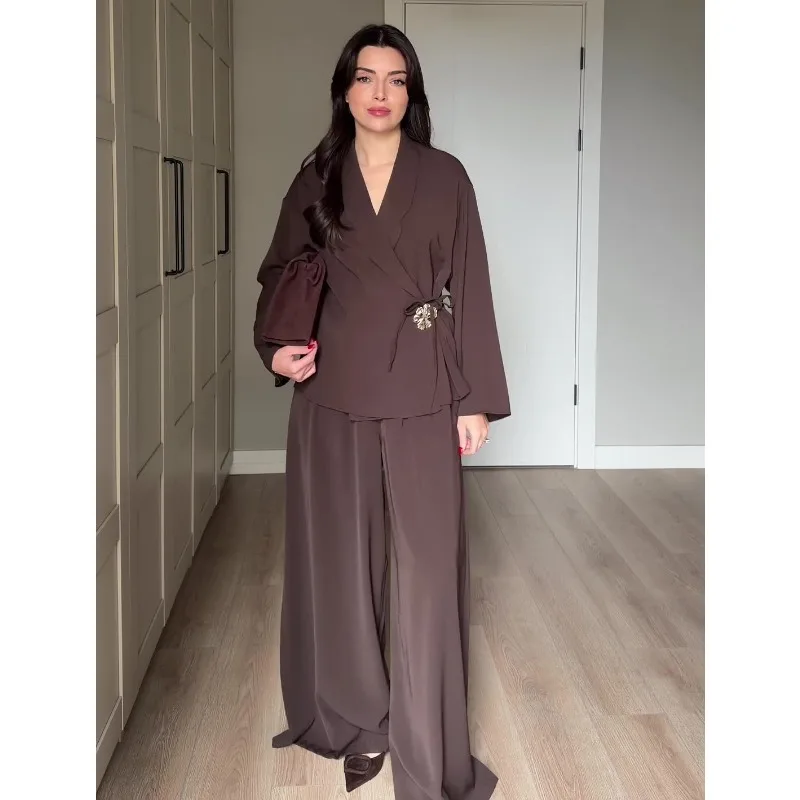 Muslim Two Piece Set Women V Neck Shirt Solid Blouse Wide Leg Pants Suit Dubai Arabic Outfits Morocco Islam Ensemble 2026