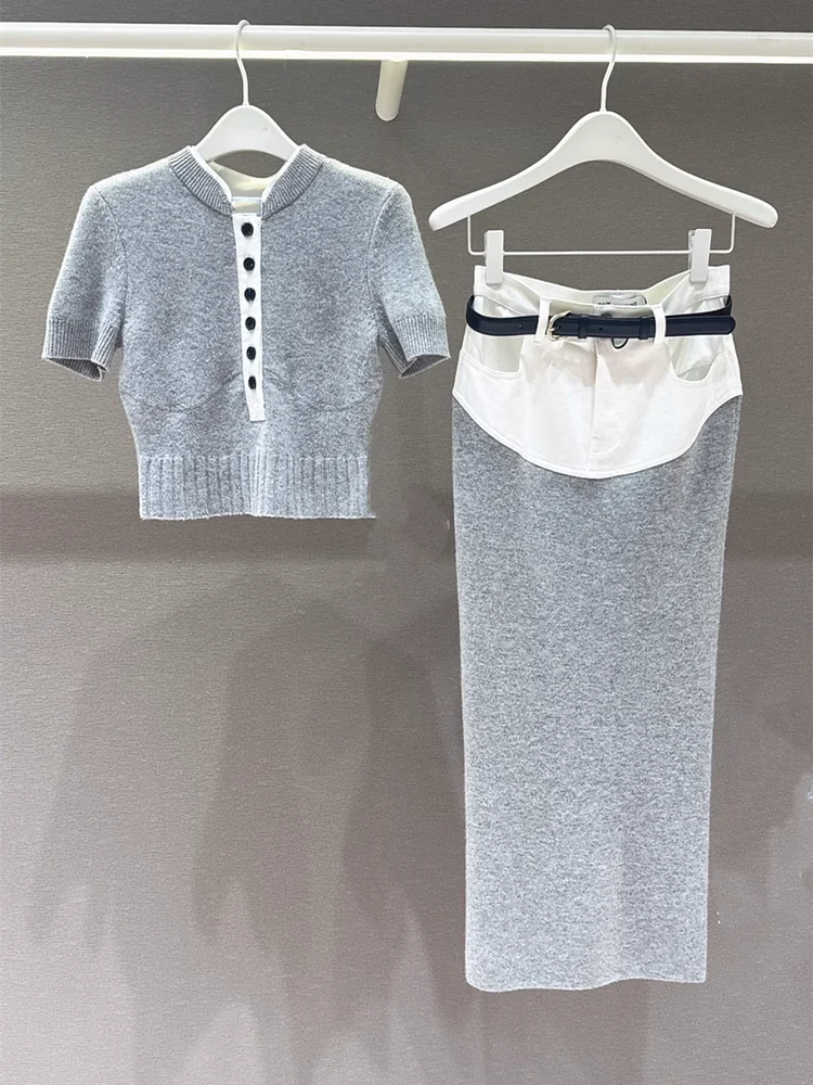 

Высококачественная версия, разноцветная трикотажная юбка ort Sve Wrap, комплект Ele Sle, осенне-зимний женский ансамбль Faion