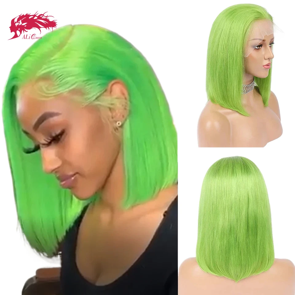 

Ali Queen 13x4 Short Bob Wigs Green 180% Density Transparent Lace Pre Plucked Human Hair Lace Front Bob Wigs For Women