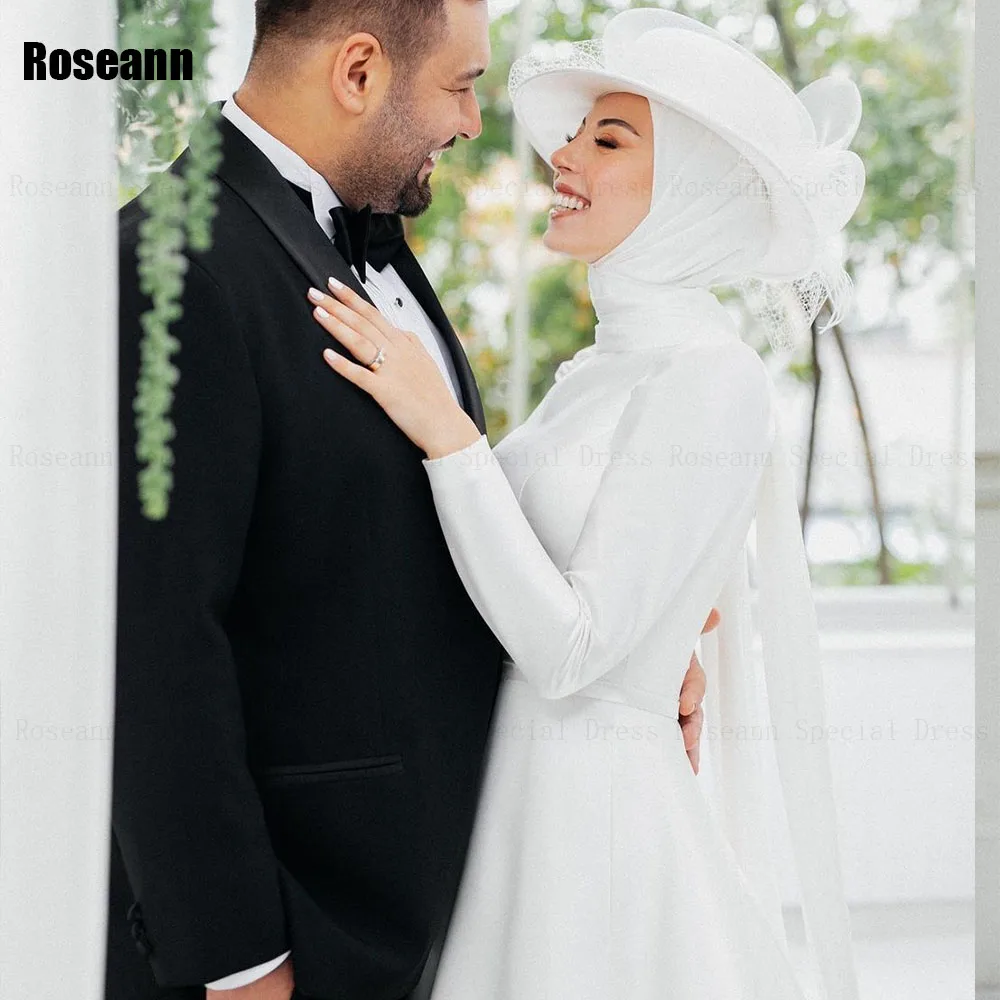 Muslim 2024 Ivory A-line Wedding Dress Full High Collar Satin Draped Pleat Floor Length Brush Train Bride Dresses robe de mariée