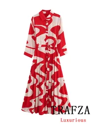 TRAFZA Vintage Casual Chic Print Women Dress Belt Turn-down Collar Long Sleeve Dress New Fashion 2024 Summer Female Dress