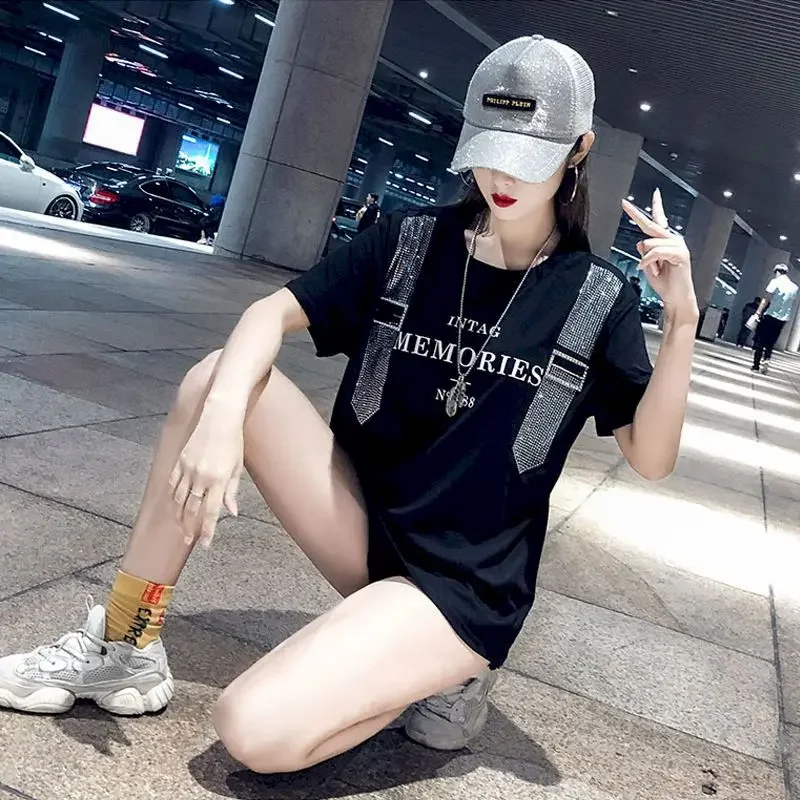 Womens T Shirts Summer Fashion Trend Short Sleeve T-shirt Heavy Industry Hot Drill Loose Mid-length Tops Oversized Tshirts Woman