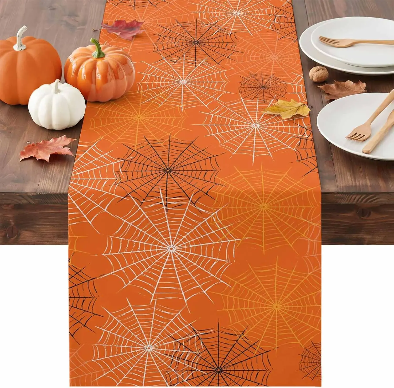Halloween Spooky Cobweb Linen Table Runner Holiday Party Decor Washable Kitchen Dining Table Runner Halloween Decorations