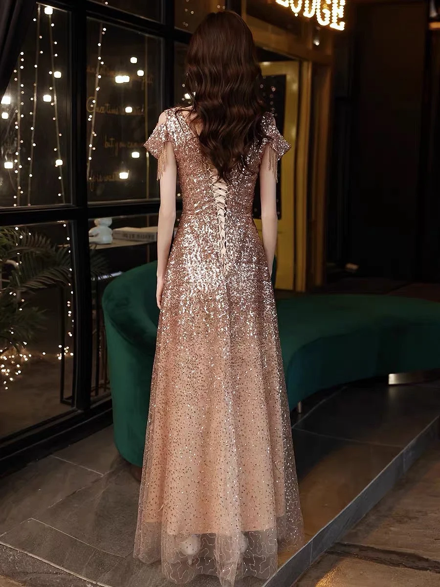 الذهب فساتين لحضور الحفلات الموسيقية الفاخرة س الرقبة ألف خط بلينغ الديكور الترتر شرابة الأكمام الطابق طول مأدبة الزفاف المشاهير فساتين السهرة