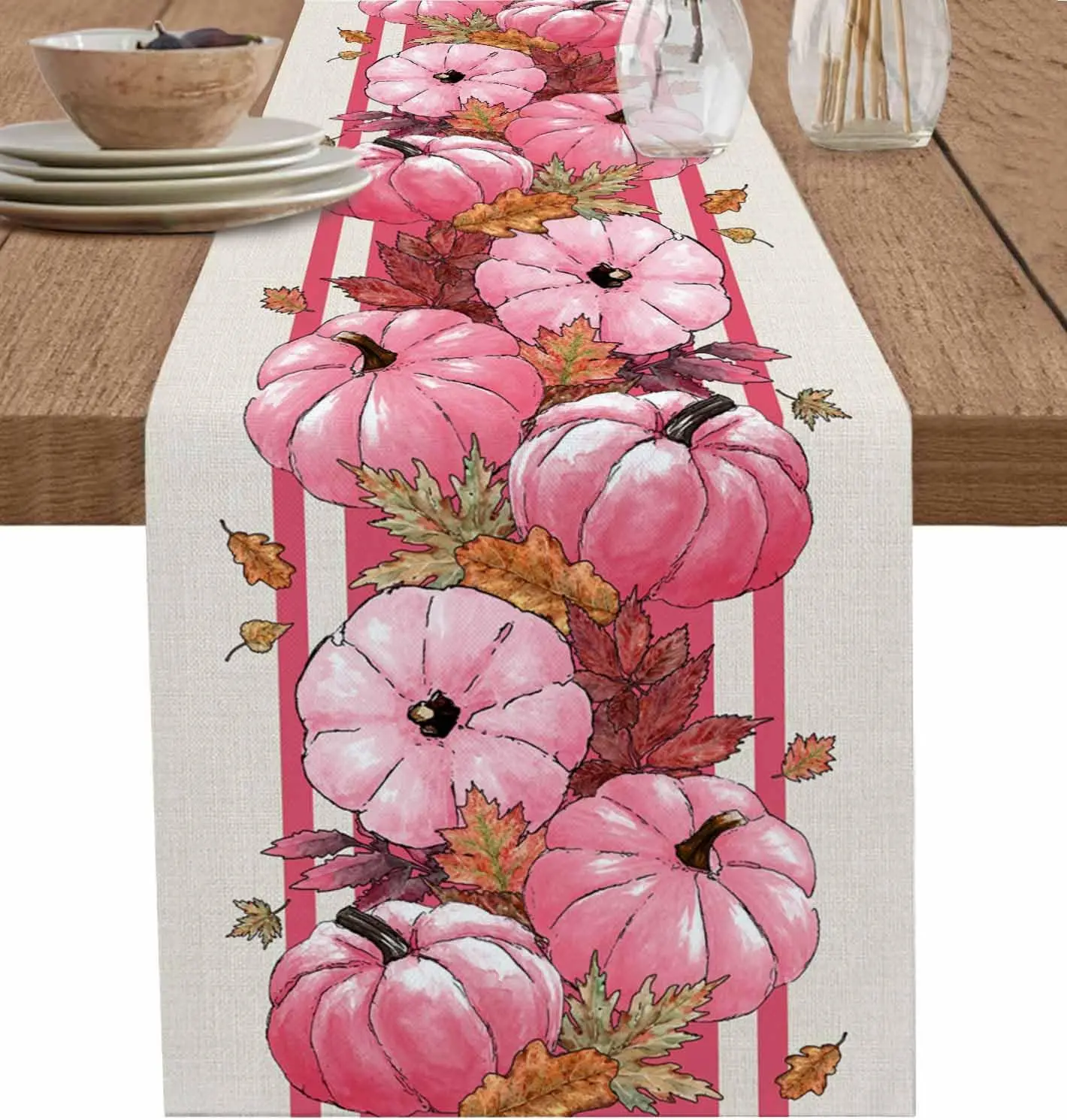 

Fall Pink Pumpkins Maple Leaf Table Runner Dress Scarves Reusable Autumn Harvest Kitchen Table Runner Thanksgiving Decorations