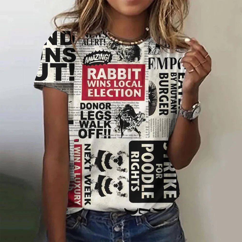 Summer Retro Old Newspaper 3D Print T-Shirts Women's Casual Short Sleeve T Shirt Streetwear Round Neck Tees Tops Female Clothing