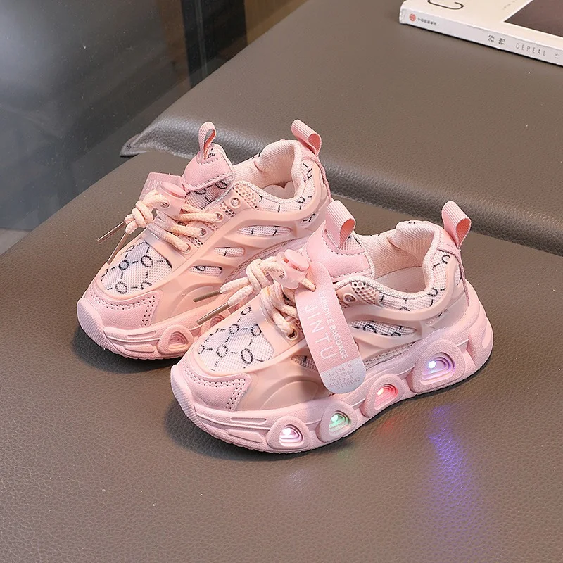 

size 21-30 Children's Casual Shoes LED Luminescent Shoes Cartoon Princess Toddler Walking Shoes Girls Pink Sports Sneakers