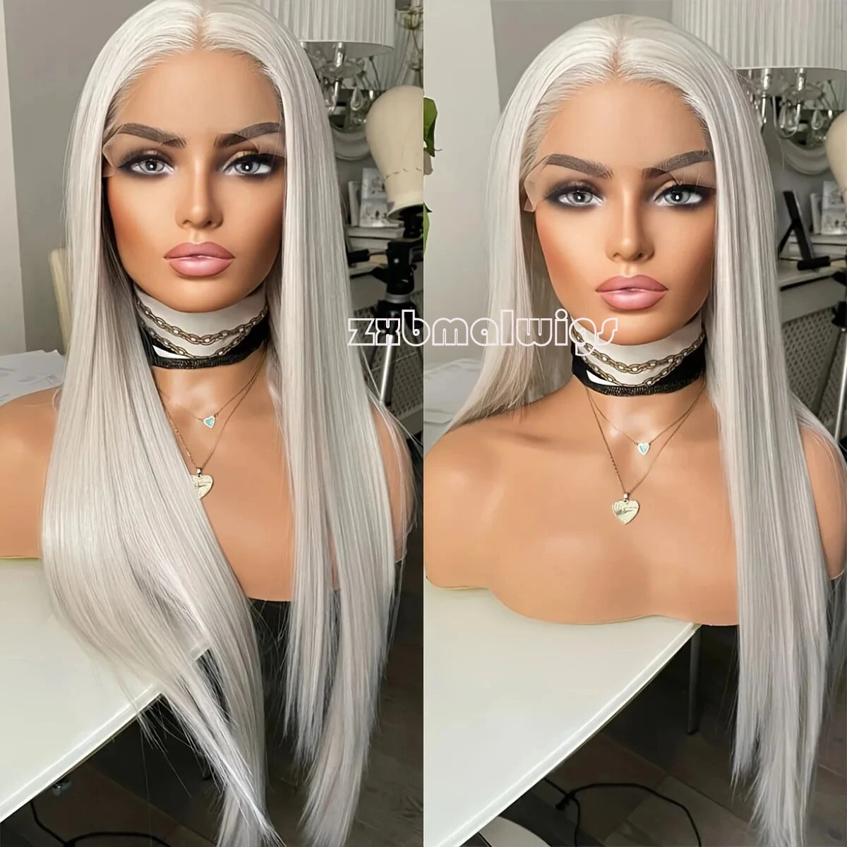 

MXWIGS синтетические волосы Серебряный светлый мягкий прямой 13X 4 кружевной передний парик для женщин бесклеевой предварительно выщипанный термостойкий косплей