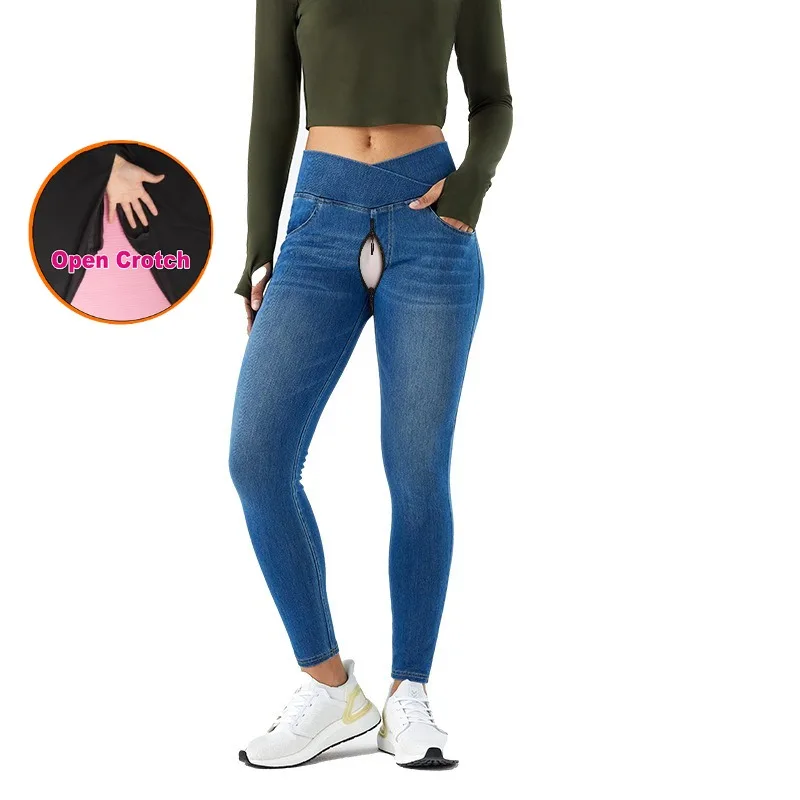 جينز يوجا نسائي غير مرئي بسحاب مفتوح المنشعب، سهل المواعدة، خصر عالي، نحيف ومرن