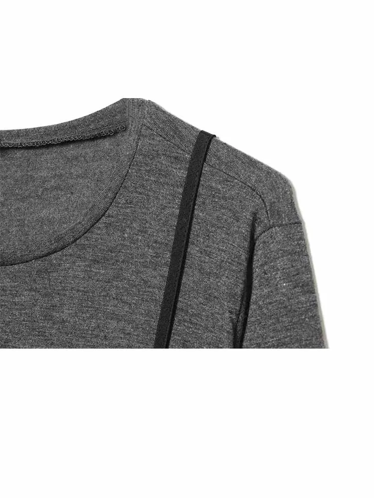 Sukienka damska wiosenna z długim rękawem, okrągły dekolt, imitacja dwuczęściowego kompletu, koronkowe zdobienia, efekt warstw, codzienna, uniwersalna.