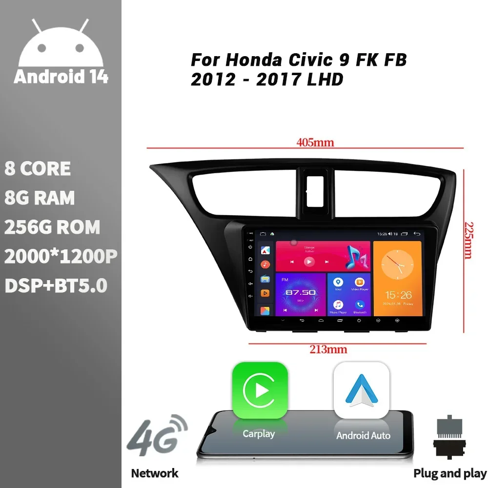 

For Honda Civic 9 FK FB 2012 - 2017 LHD Car Radio Multimedia Player Navigation Wireless CarPlay Touch Screen Android Bluetooth