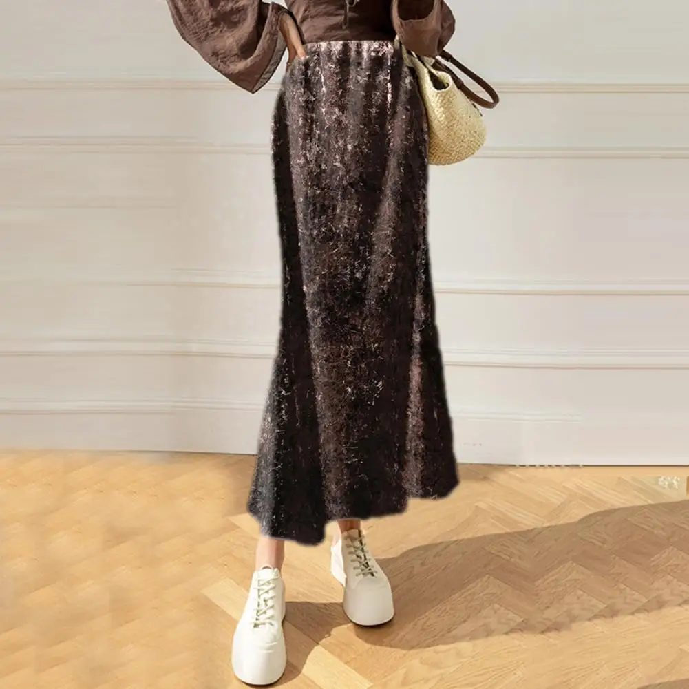 Women Fishtail Skirt Elastic High Waist A-Line Mid-calf Length Skirt Solid Color Velvet Large Hem Skirt Daily Wear 여성스커트