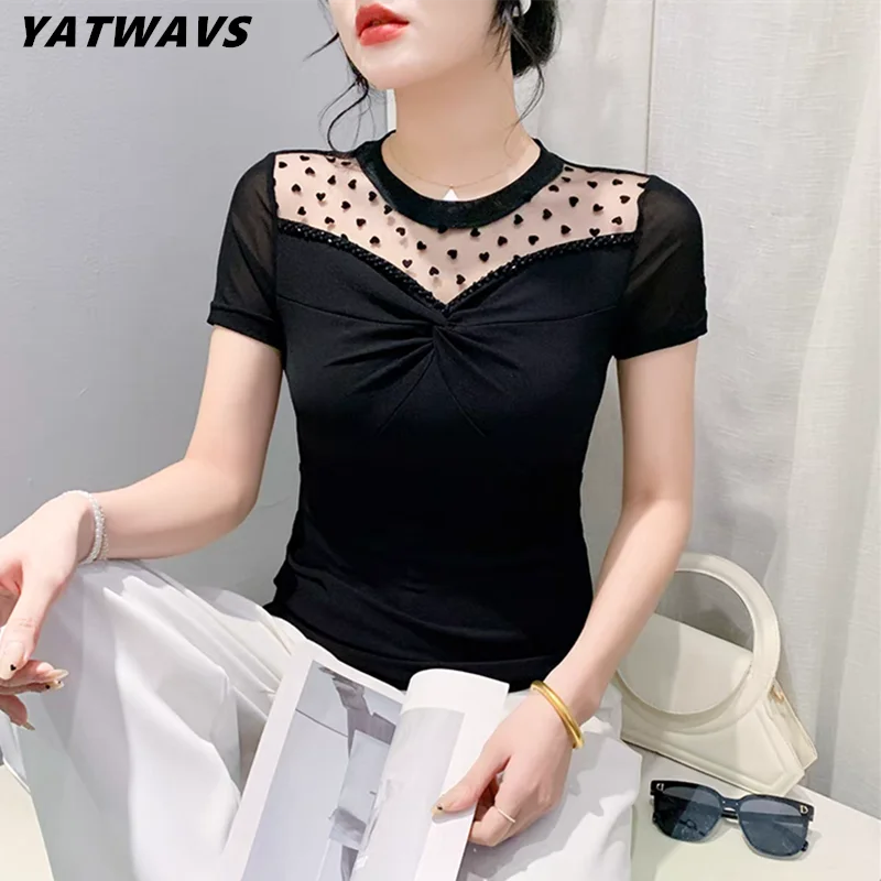 

New Fashion Summer Black Mesh T-shirt Women Sexy Hollow Out O-Neck Short Sleeve Tees Shirts Lady Stretchy Beading Tops Blouse