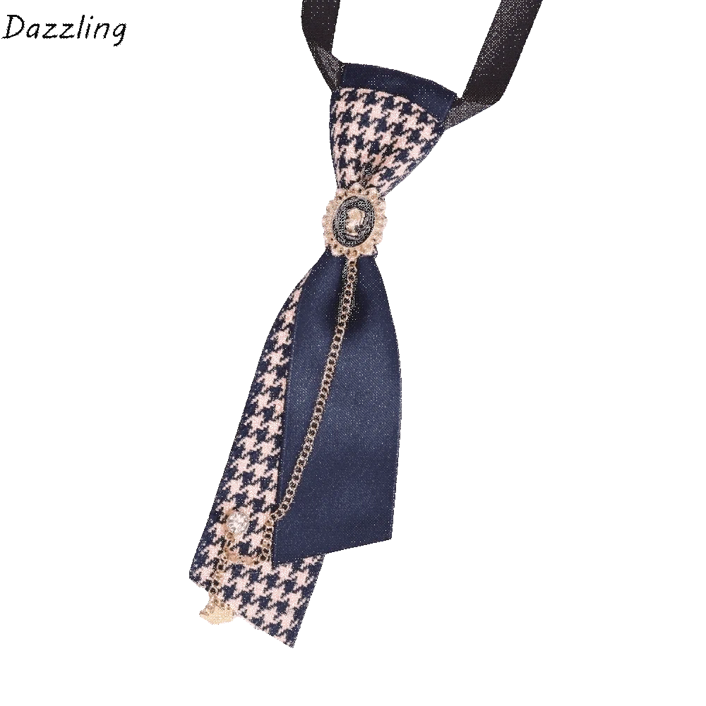 Vintage Y2K Preppy Necktie Oval Adjustable Strap Plaid Bow Tie Rhinestone Chain Multiple Colors Decorative Neck Tie Formal