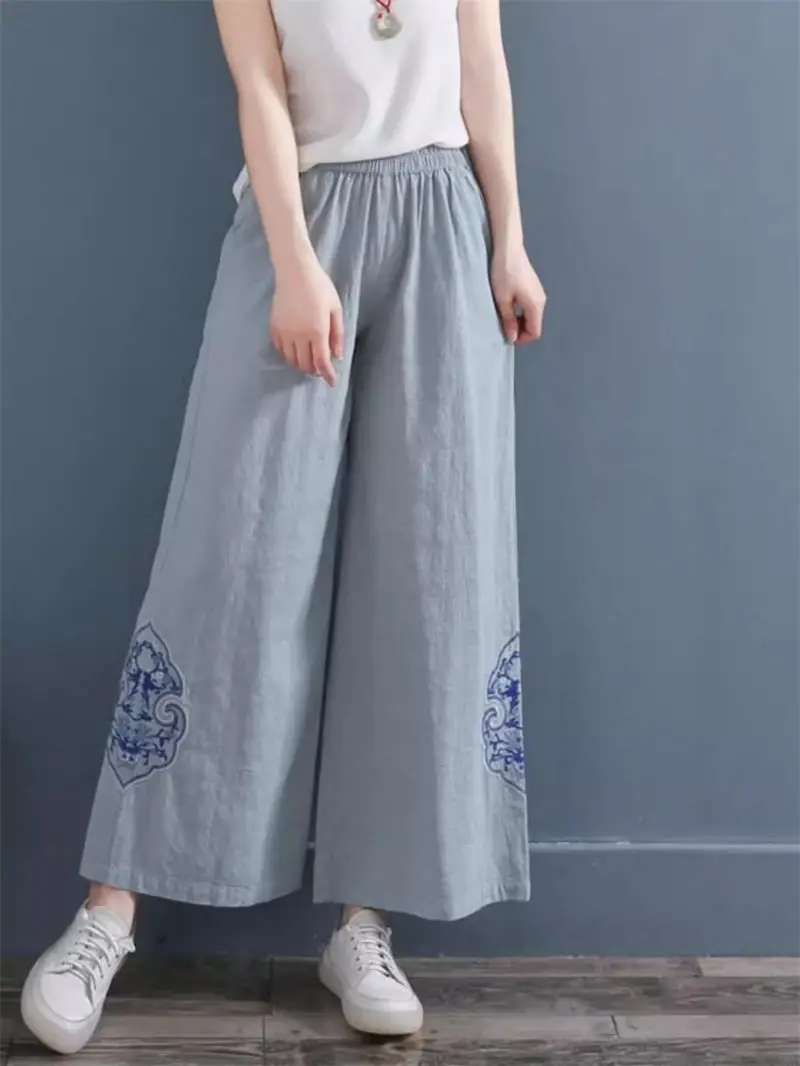 Retro Embroidered Elastic Waist Cotton Linen Wide Leg Pants Women 2024 New Summer Loose Large Size Casual Crop Trousers K1597