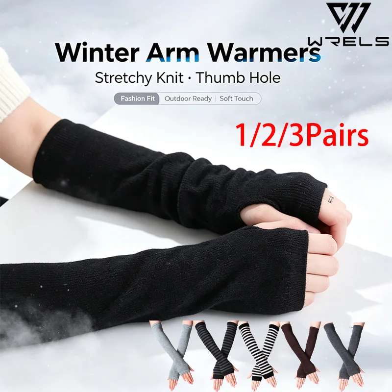 1/2/3Pairs Winter Outdoor Knitted Sleeves Fashion Stretchy Long Fingerless Arm Warmer Thumb Hole Cycling Hiking Wrist Warmer