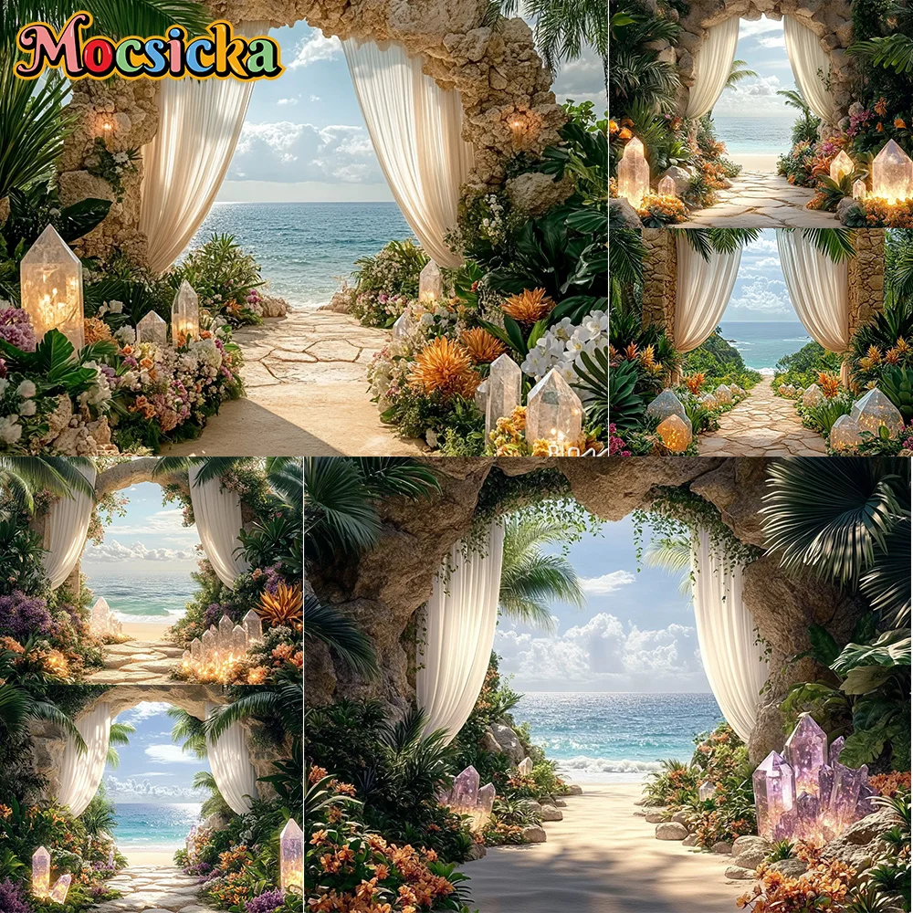 Mocsicka Summer Photography Background Beach Palm Tree Crystal Adventure Decora Cake Smash Newborn Birthday Party Studio Prop