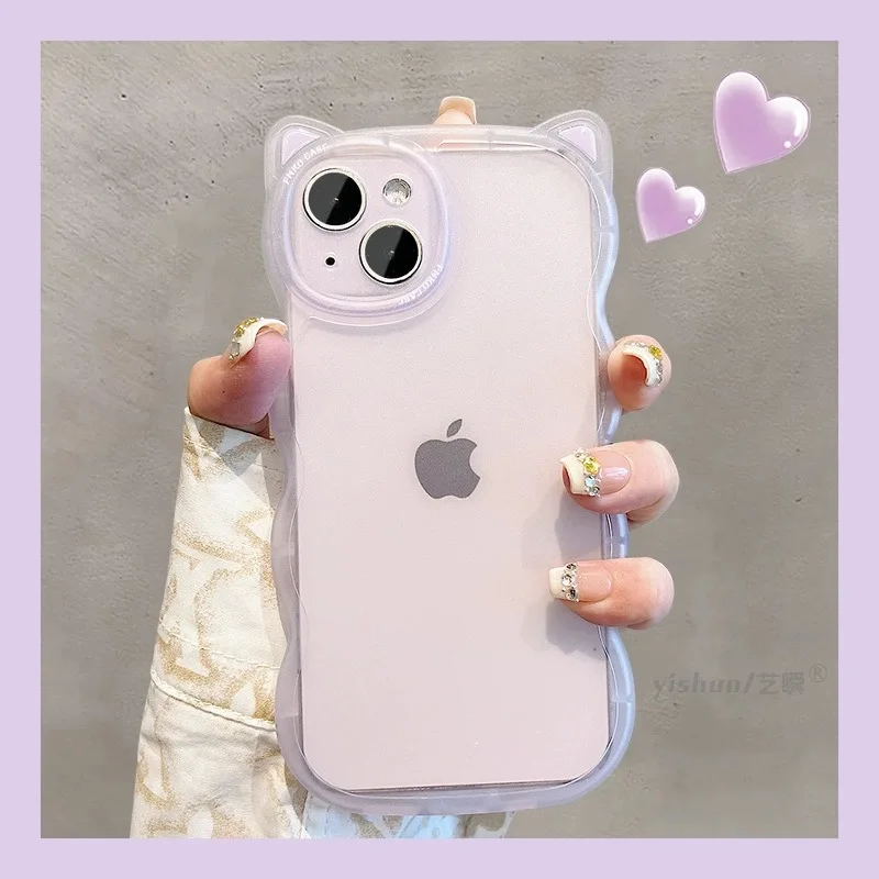 Cute Cartoon Cat Ears Candy Color Phone Case For iPhone 16 Pro Max 15 14 13 12 11 XR XS 7 8 Plus Soft Silicone Shockproof Cover