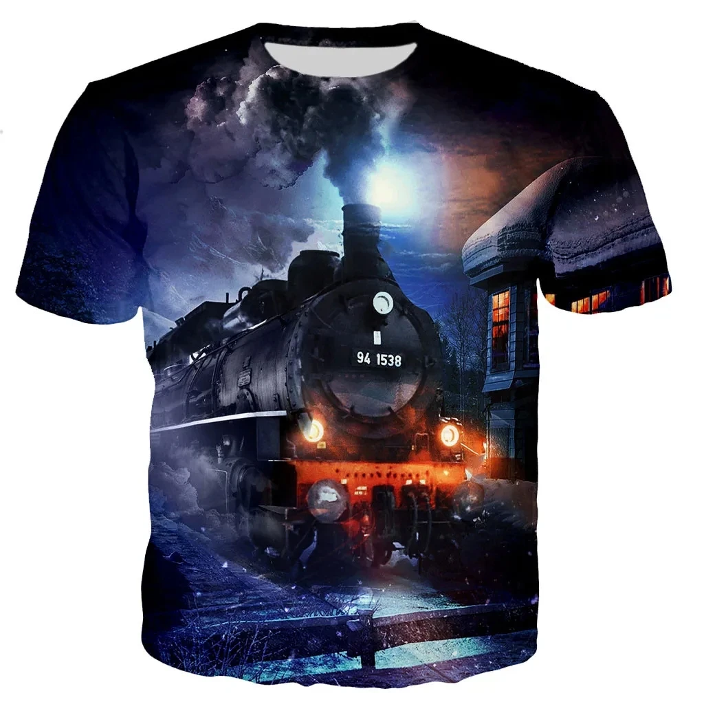 Fashion Trends Summer New Retro Train Engine Pattern Printed Men\'s T-shirt Street Fashion Cool Round Neck Plus Size Top