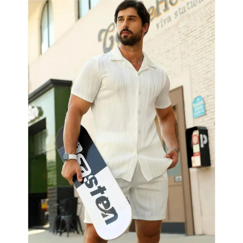 Hawaii Beach Suit Men's casual daily outdoor travel solid color jacquard lapel short-sleeved Shirt drawstring Shorts 2-pice Set
