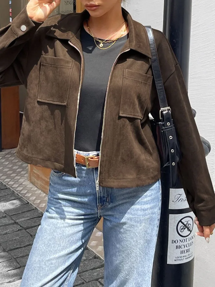 

Yeezzi Women's Solid Color Pocket Zipper Lapel Jackets 2025 New Autumn Long Sleeves Loose Fit Urban Casual Streetwear Outerwears