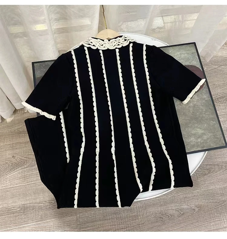 2024 Early Spring New Women's Embroidered Hollow Lace Doll Neck S Letter Spliced Knitted Dress Women's Little Black Dress