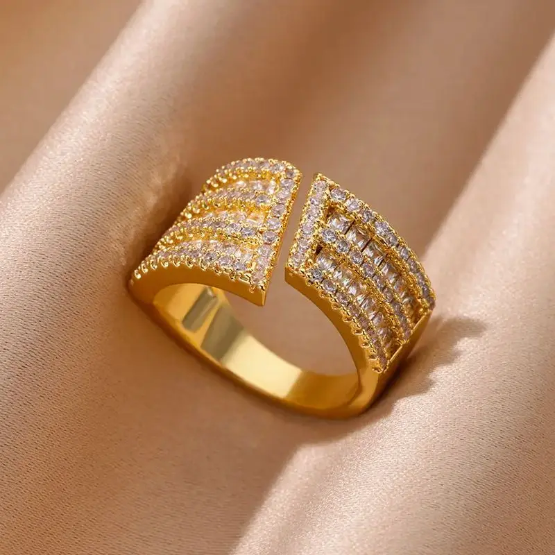 Anelli con zirconi geometrici vintage per donna Anello da dito aperto punk color oro in acciaio inossidabile Gioielli da sposa estetici bague femme