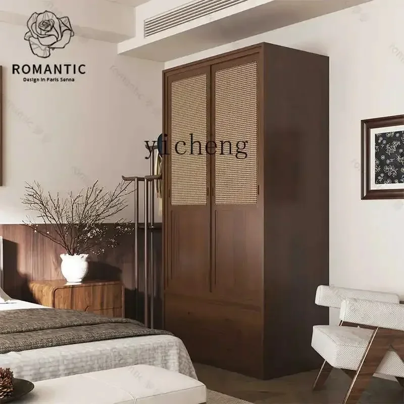 D17-2New Chinese Style Solid Wood Rattan Wardrobe Simple Home Bedroom Wardrobe Multi-Functional Storage Assembled Cabinet