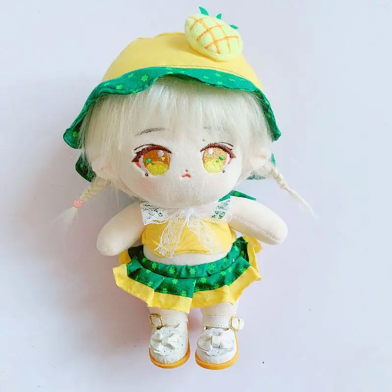 Cute Doll Clothes Set for Pineapple Bikini, Fisherman Hat, Kawaii Cotton Plush Doll, Dressing Up Games, Kids Girls Gifts, 20cm