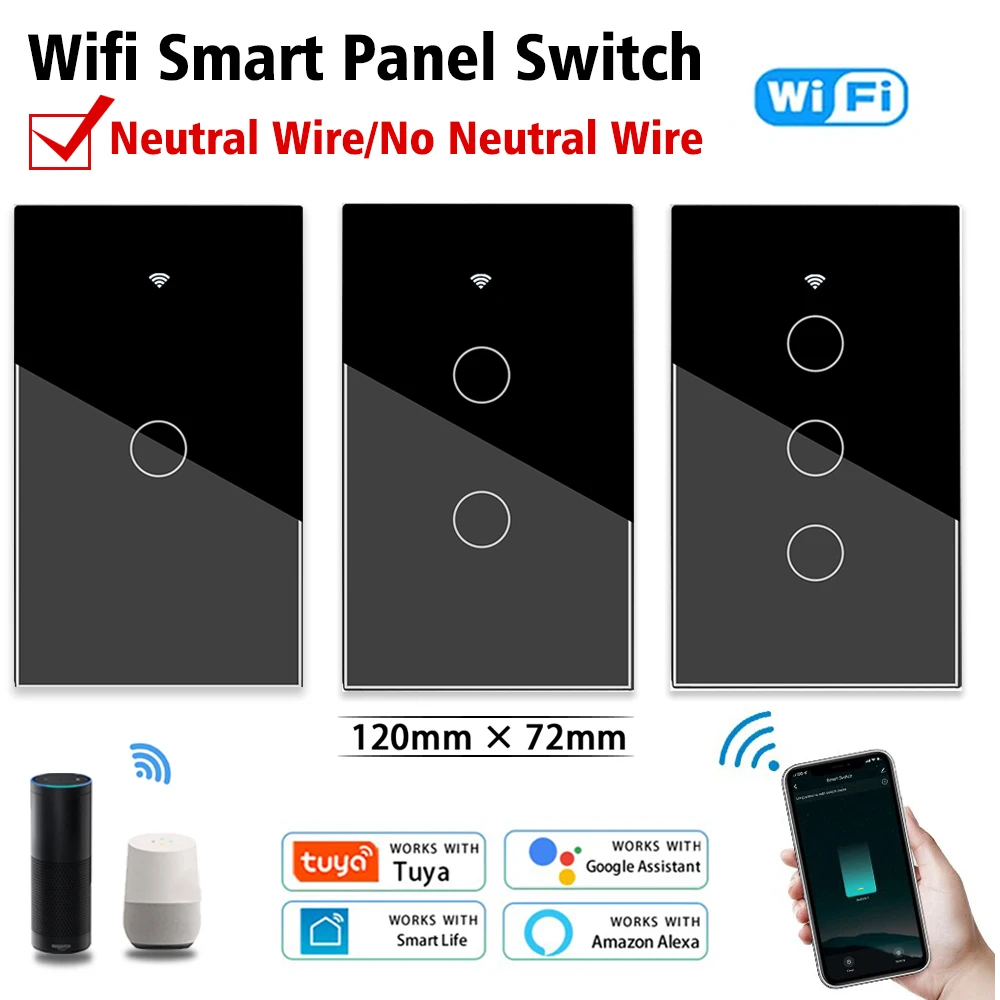 

Tuya Smart Wifi Touch Switch No Neutral Wire Required Smart Home Life wall Light Switch 1/2/3 Gang support Alexa Google Voice