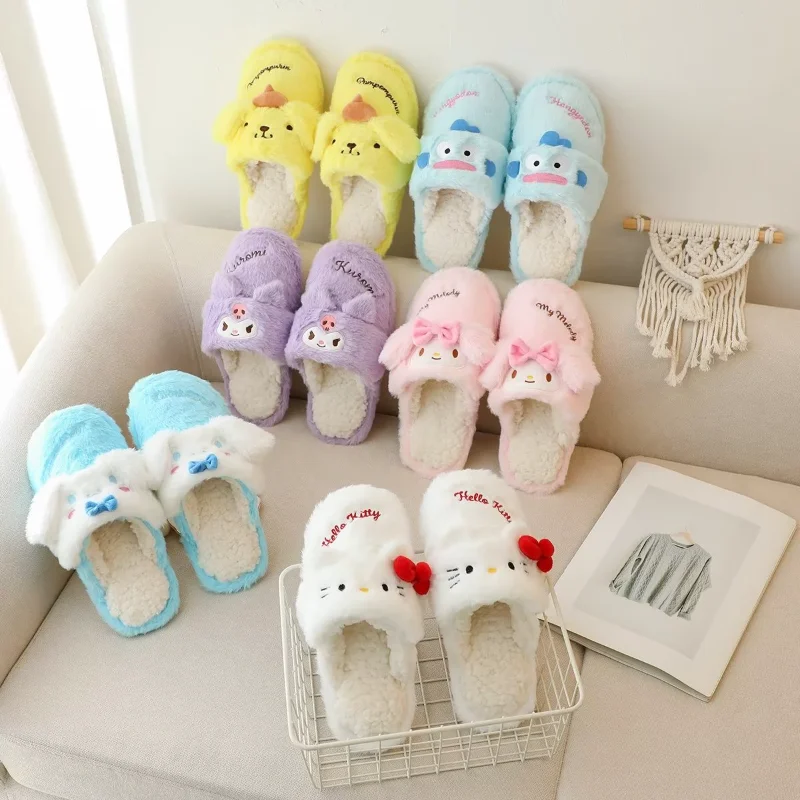 Sanrio Hello Kitty cute sweet warm home women's shoes Kulomie cartoon versatile non-slip plush wearable bag heel cotton slippers