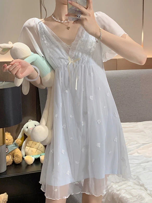 Lace Nightgowns Women High Waist Sweet Korean Style Princess Casual A-line Embroidery Trendy Nightwear Solid Ladies Temperament