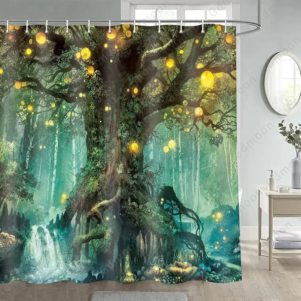 Forest Shower Curtain Magic Lanterns River Dream Tree Of Life Fantasy Fairy Tale Waterfalls Colorful Plants Natural Landscape