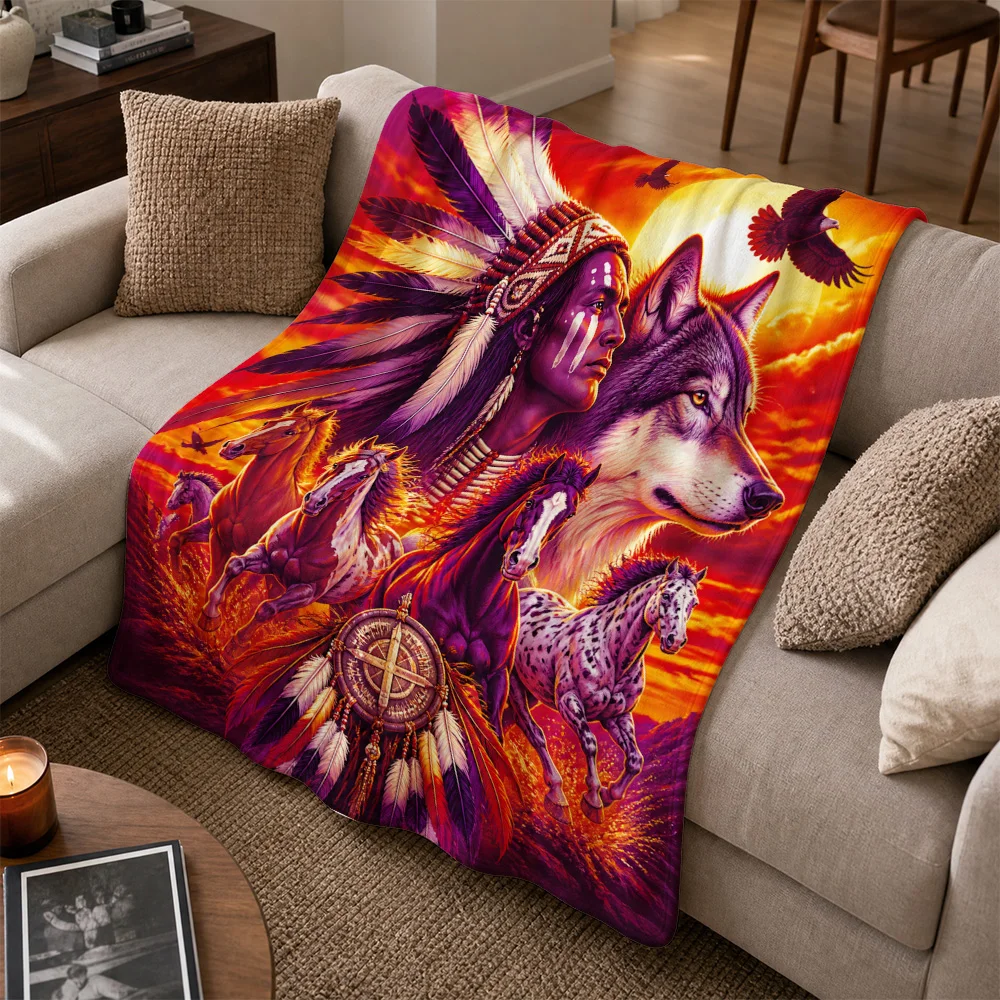 Statement Tribal Throw Blanket Wolf Warrior Bohemian Sofa Decor Couch Art Mythology Print Large Size Cozy Home Gift