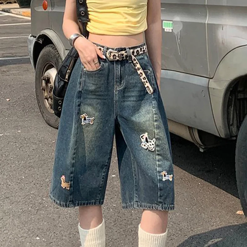 

Embroidered Cartoon Calf Length Jeans Women Simple High Waist American Retro Denim Pants Straight Loose Vintage Trousers New