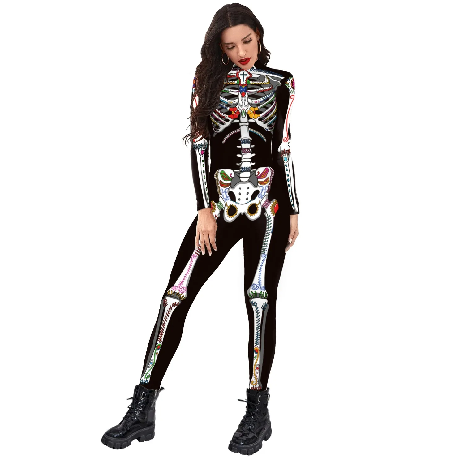 

New Women's Halloween Horror Skeleton 3d Printed Vampire Costume Role Play Cartoon Bone Skull Bodysuit Stage Performance Set