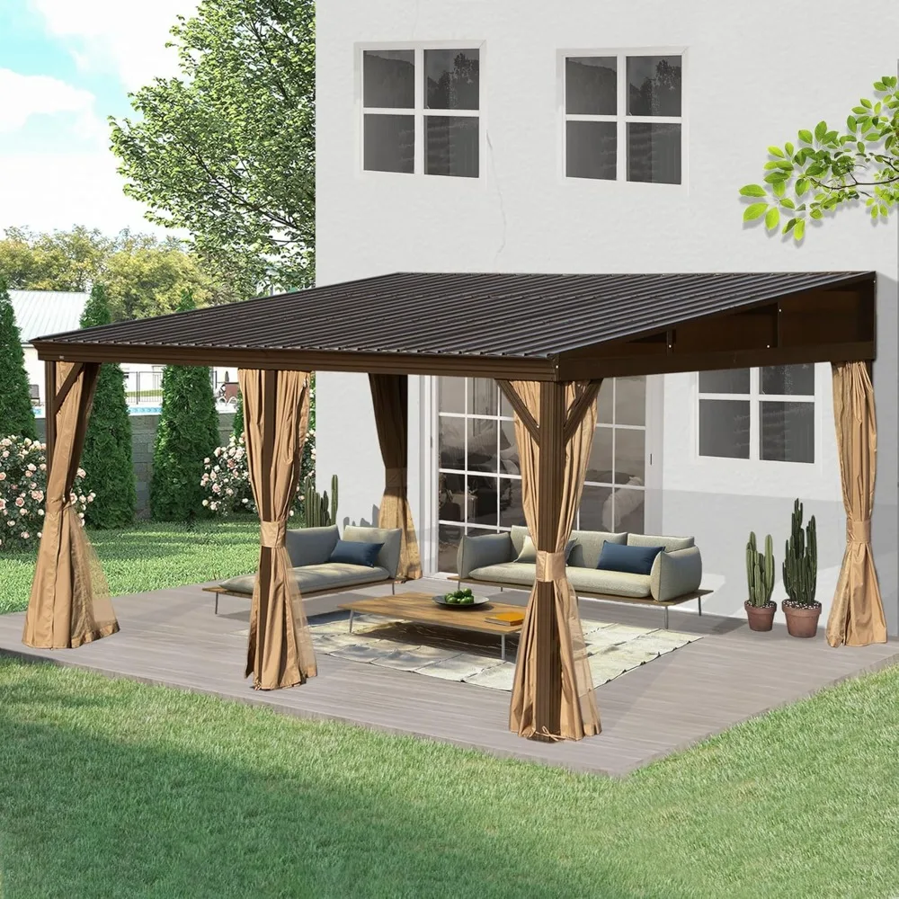 

12x16FT Lean to Gazebo, Hardtop Wall Mounted Gazebo with Sloping Galvanized Steel Roof, Aluminum Frame, Drainage System