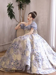 Romantic Vintage Women's Prom Gown Sweetheart Collar Bandage Sleeve Patchwork Princess Dresses French Style Female Banquet Dress