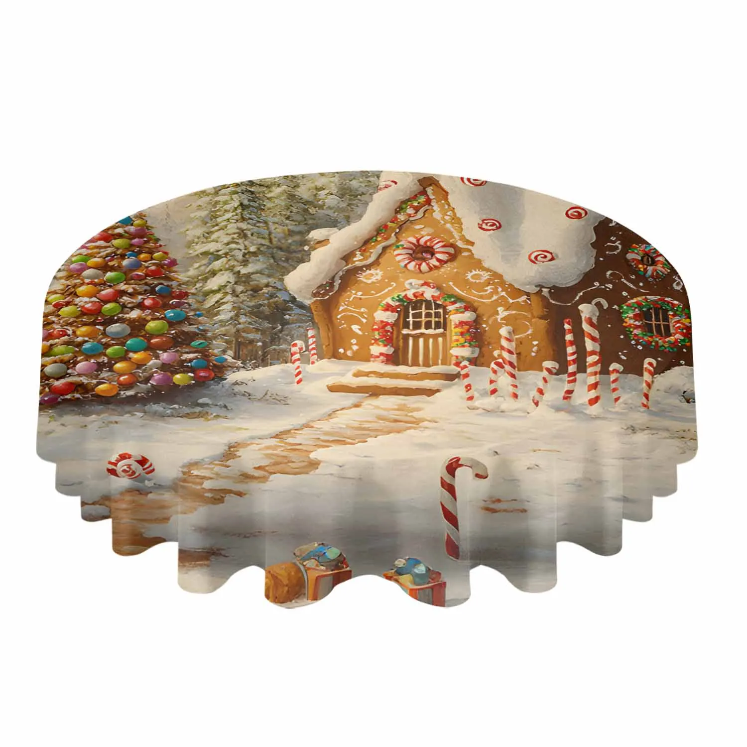 Christmas Tree Gingerbread House Fairy Tale Waterproof Tablecloth Table Decoration Wedding Home Kitchen Dining Room Round Table