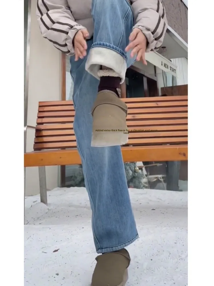 Fce 裏地付きストレートレッグジーンズ レディース 秋冬新作 プラスサイズ ゆったり ハイウエスト 着痩せ ワイドレッグ ロングパンツ