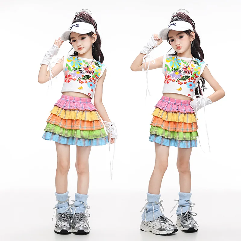 

Костюм для джазового танца для девочек, модный жилет + 5-слойная красочная юбка, комплект, танцевальный костюм команды уличной поддержки