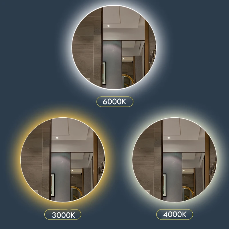 Miroir décoratif rond intelligent pour dél\'offre buage de chambre d\'hôtel, rétroéclairage réglable, miroir LED, 3 documents, 40 cm, 50 cm, 60cm