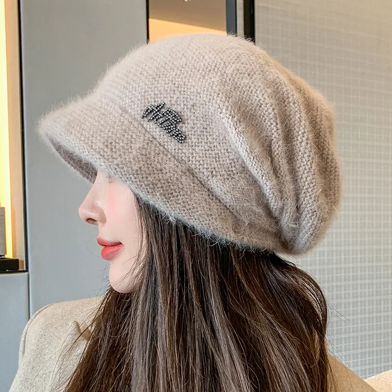 Bunny Fur Knitted Hat Fashion Women Outdoor Wide Brim Beanie Autumn Winter Thicken Warm Ear Protection Cap Korean All-Match Caps