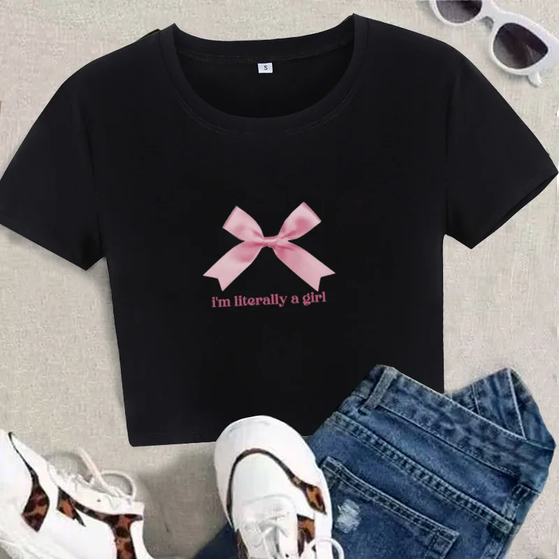 i'm literally a girl Printing Crop Top Baby Tee Girls Summer Slim Tops Girls Casual Tees Tops Summer 90s Tees Vintage Tops
