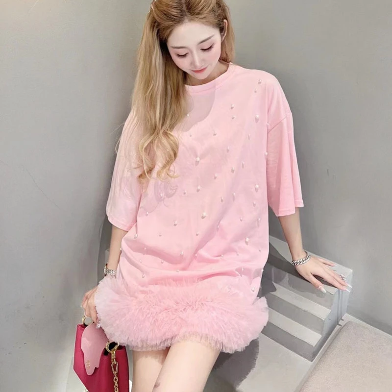 메쉬 스플라이싱 러플 진주 비즈 티셔츠, 루즈한 중간 길이, 노란색 거즈 플리츠 티, 그물 실 점퍼 상의, 원피스